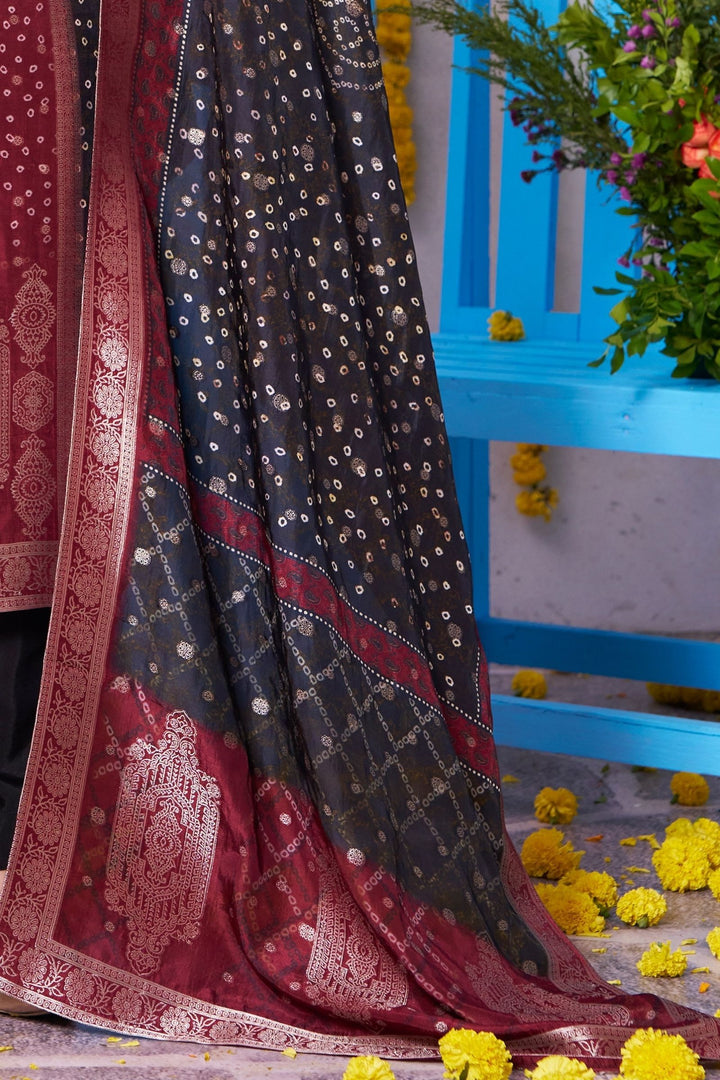 Wine with Maroon Bandini Print, Zardozi and Banaras work Straight Cut Salwar Suit