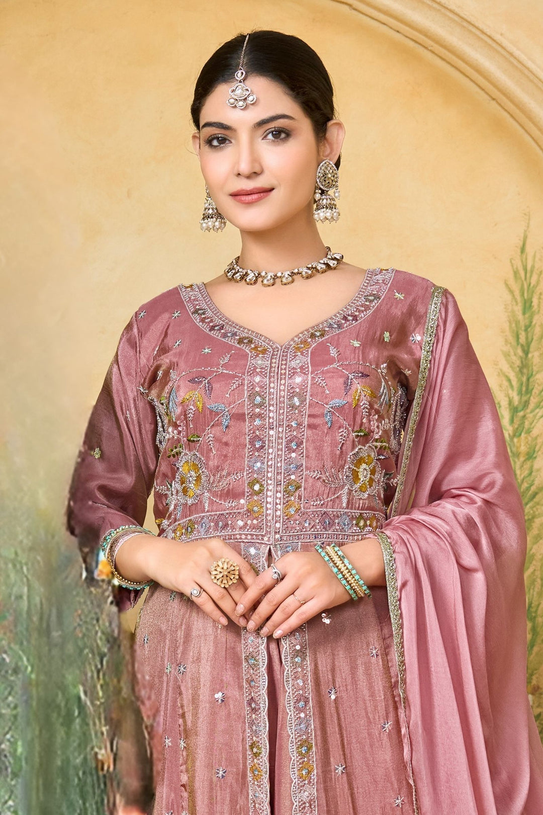 Onion Pink Multicolor Embroidery, Sequins and Beads work Mastani Styled Palazzo Suit
