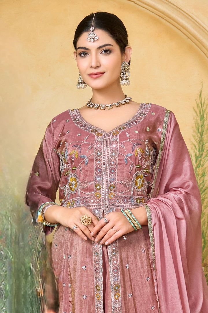 Onion Pink Multicolor Embroidery, Sequins and Beads work Mastani Styled Palazzo Suit