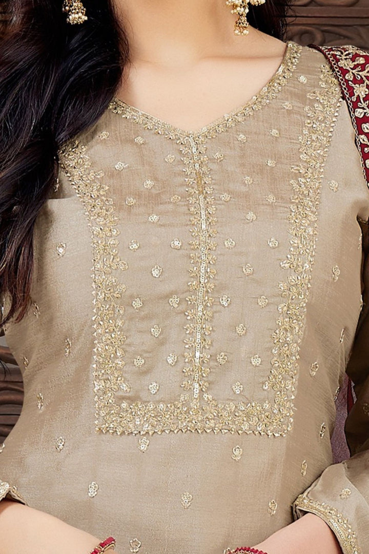 Beige Sequins, Zari and Beads work Straight Cut Salwar Suit