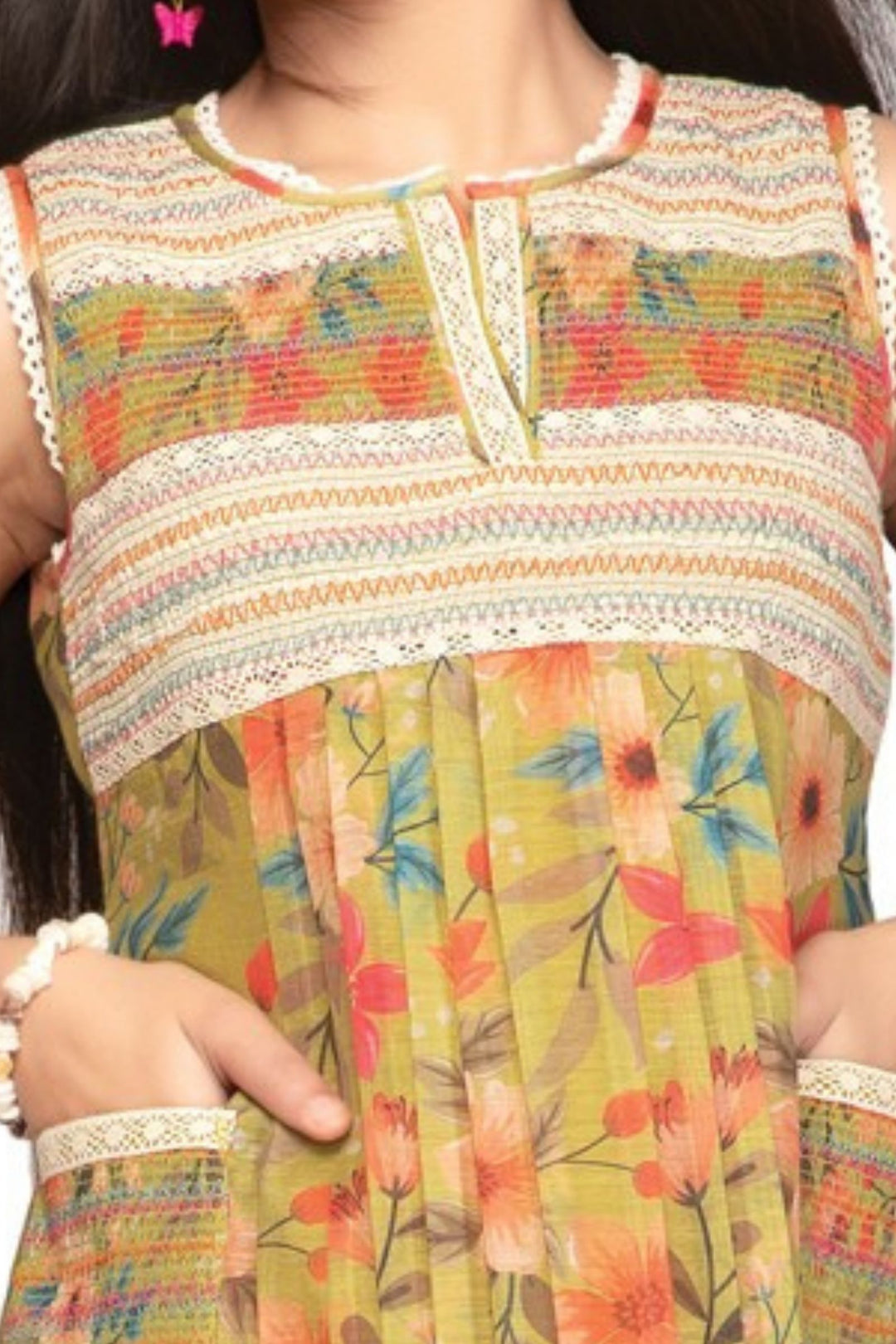 Girls Floral Print Casual Frock with Woven Yoke and Front Pockets