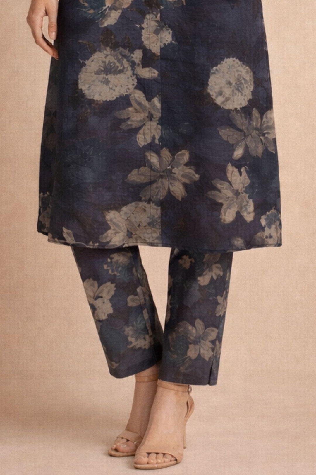 Black Floral Print Calf Length Kurti