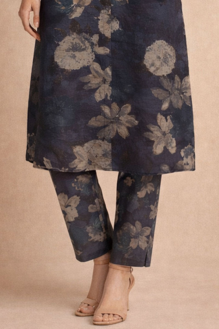 Black Floral Print Calf Length Kurti