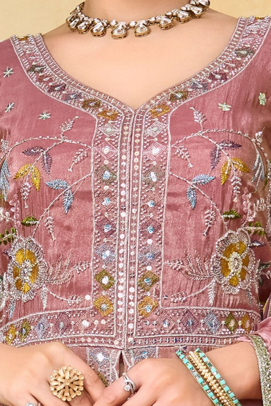 Onion Pink Multicolor Embroidery, Sequins and Beads work Mastani Styled Palazzo Suit