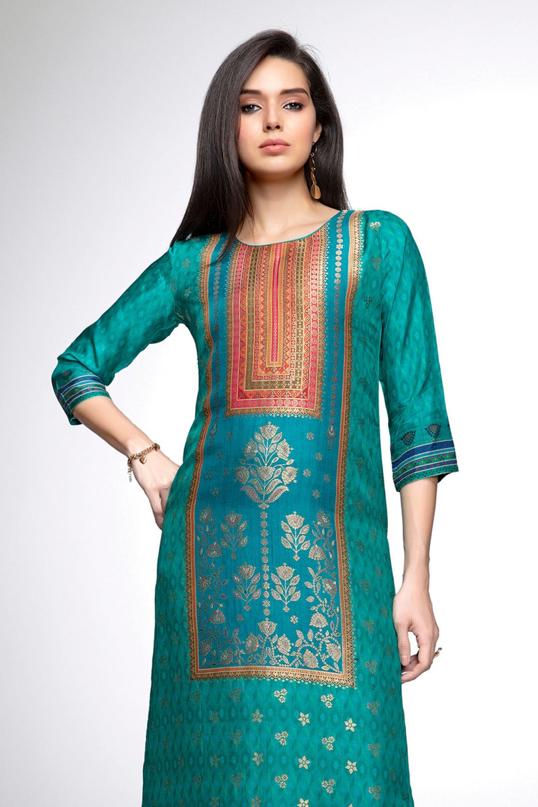 Rama Green Banaras work Calf Length Kurti