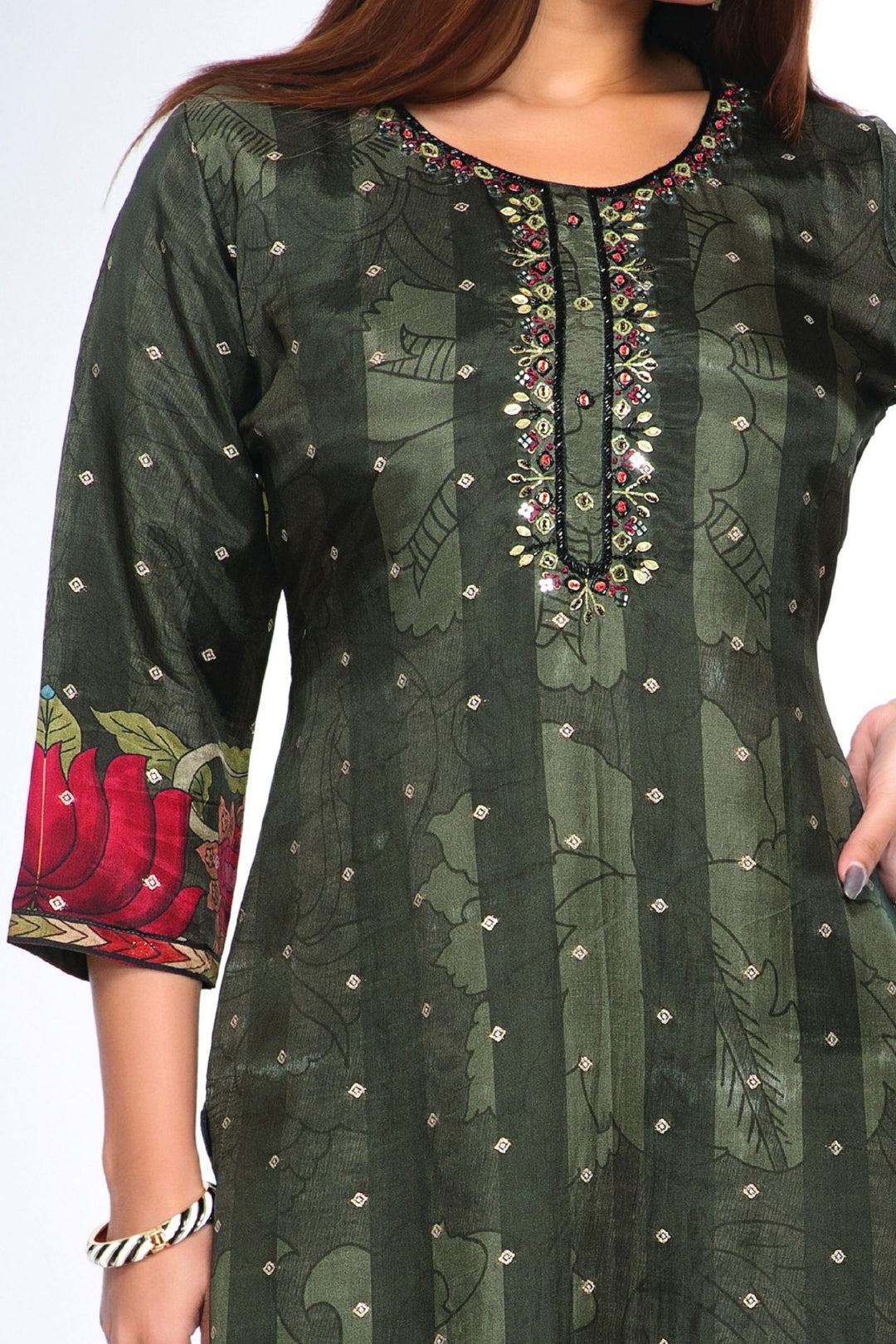Elephant Grey with Red Floral Print, Beads, Mirror and Banaras Butta work Straight Kurta Set