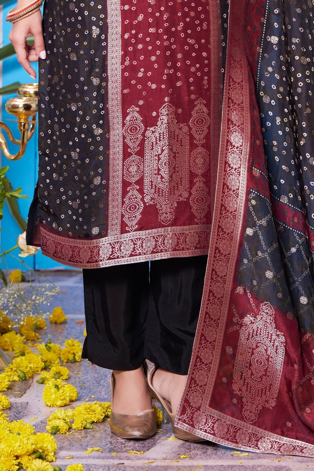 Wine with Maroon Bandini Print, Zardozi and Banaras work Straight Cut Salwar Suit