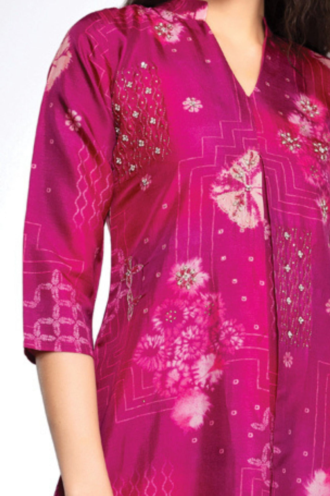 Magenta Digital Print and Beads work A-line Cut Calf Length Kurti