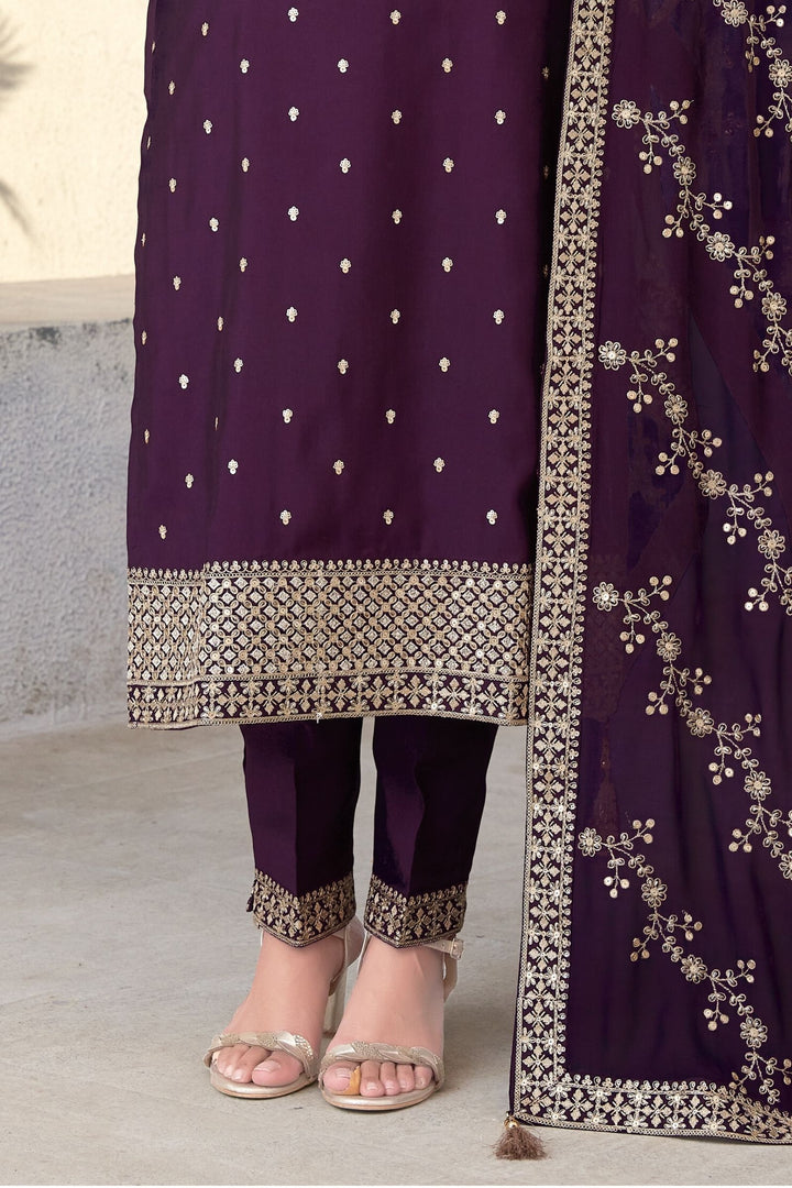 Wine Sequins and Zari work Straight Cut Salwar Suit