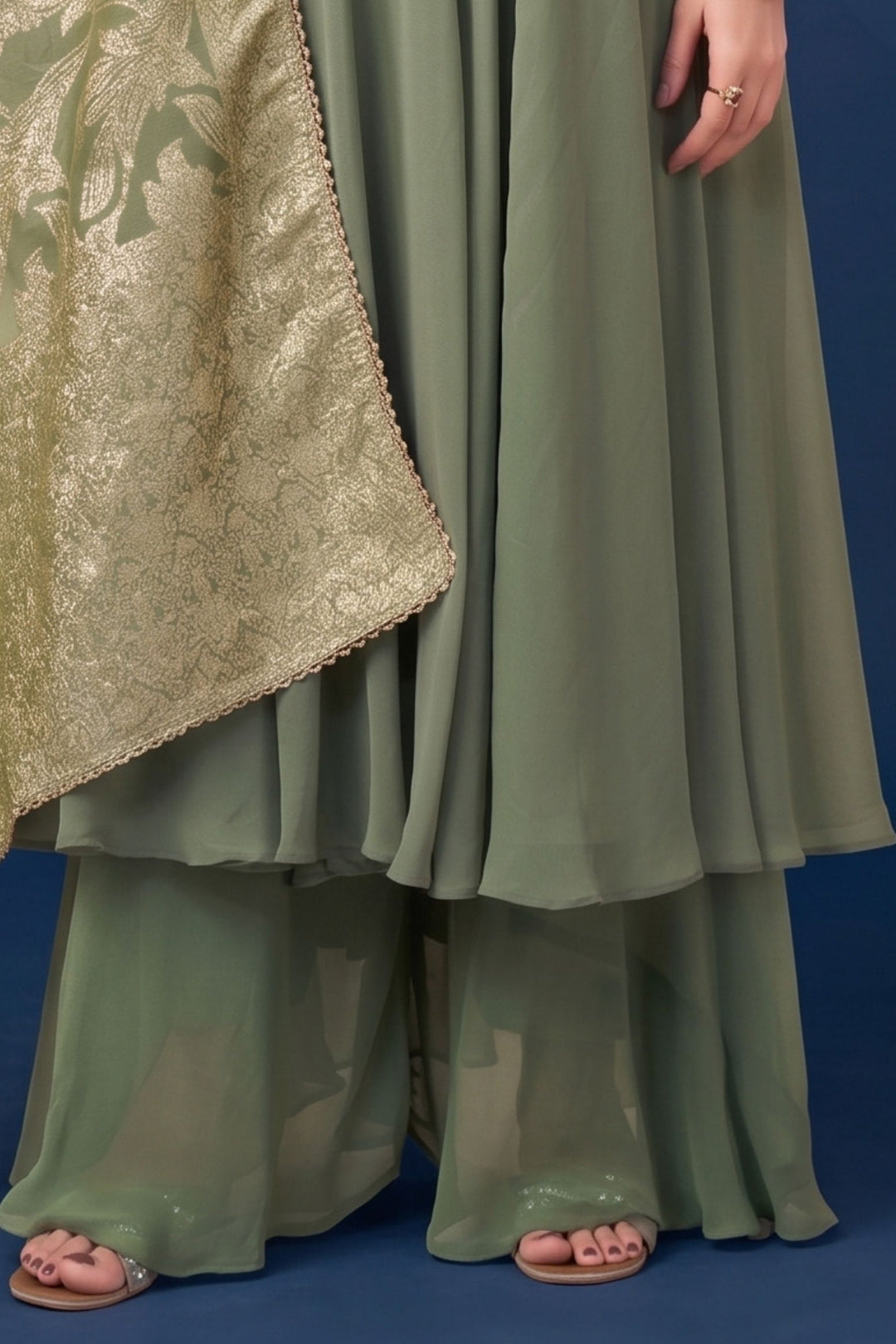 Light Green Zardozi, Mirror, Zari and Stone work Mastani Styled Palazzo Suit