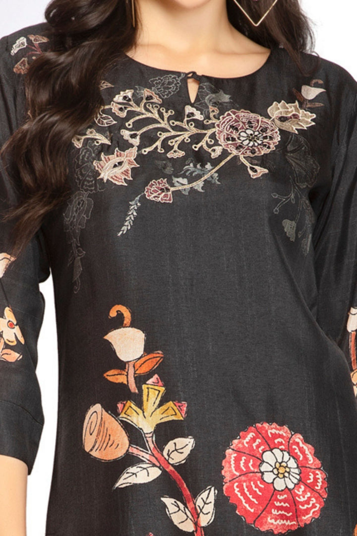 Black Floral Print Calf Length Kurti
