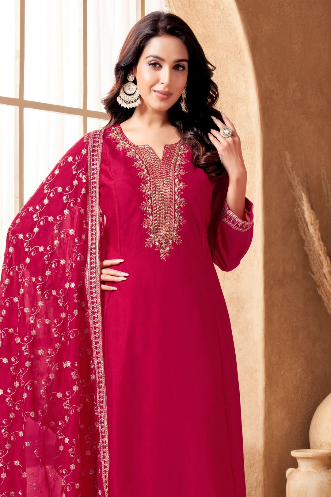 Red Sequins, Beads, Mirror and Zari work A-line Cut Anarkali Styled Salwar Suit