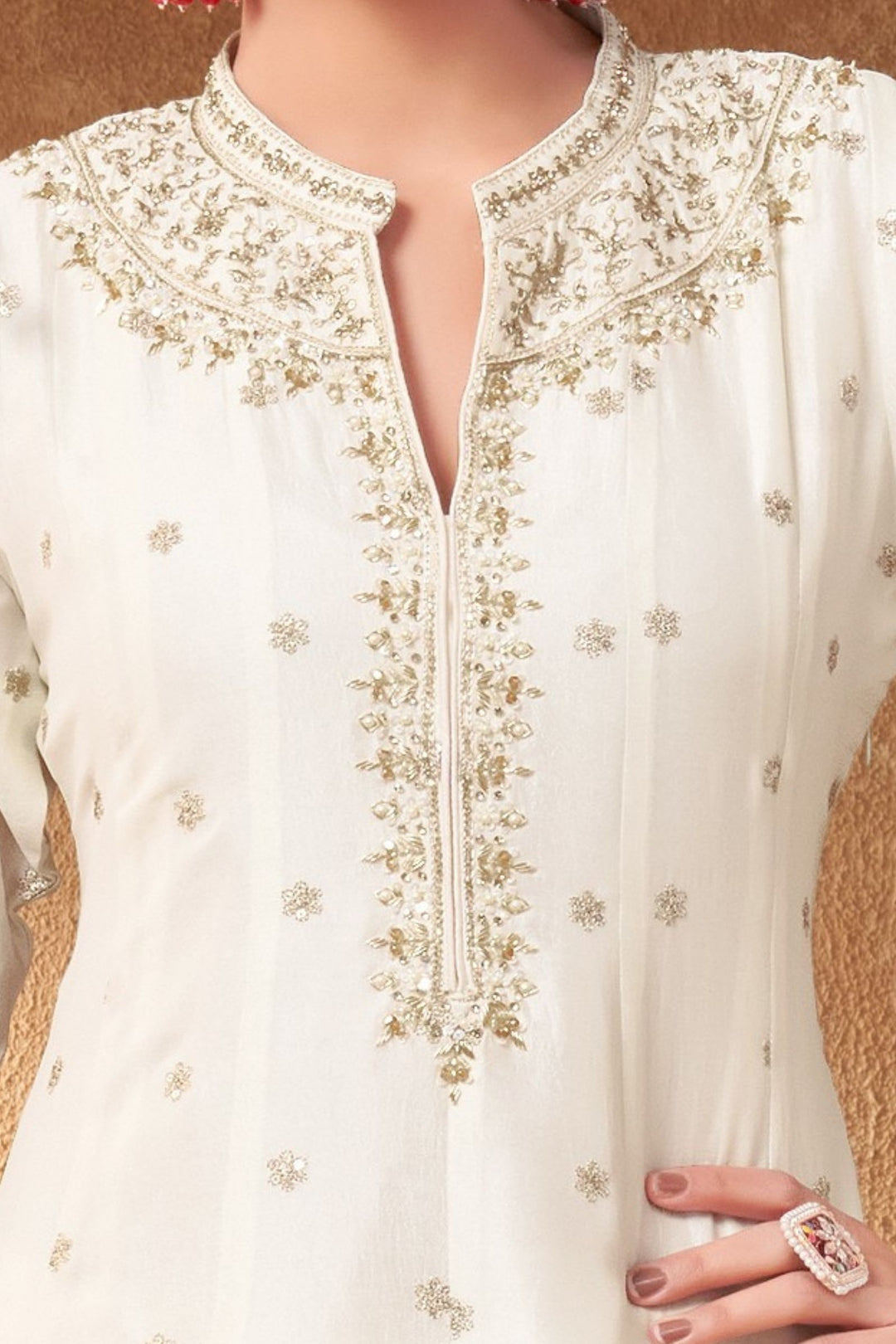 Cream Zari, Zardozi, Sequins and Stone work A-line Cut Salwar Suit