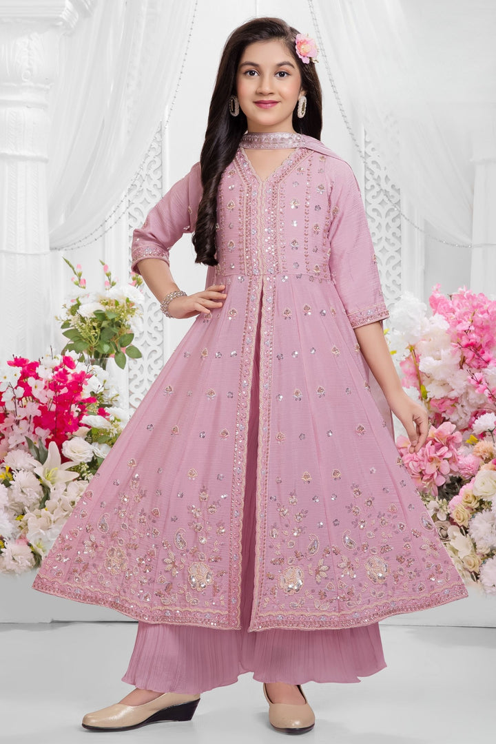 Light Pink Beads, Zari and Sequins work Palazzo Suit Set for Girls