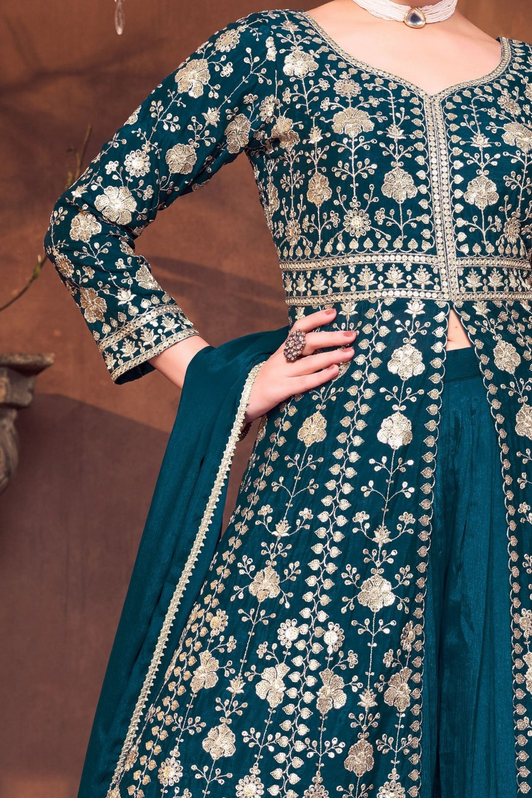 Peacock Blue Sequins and Zari work Mastani Styled Palazzo Suit