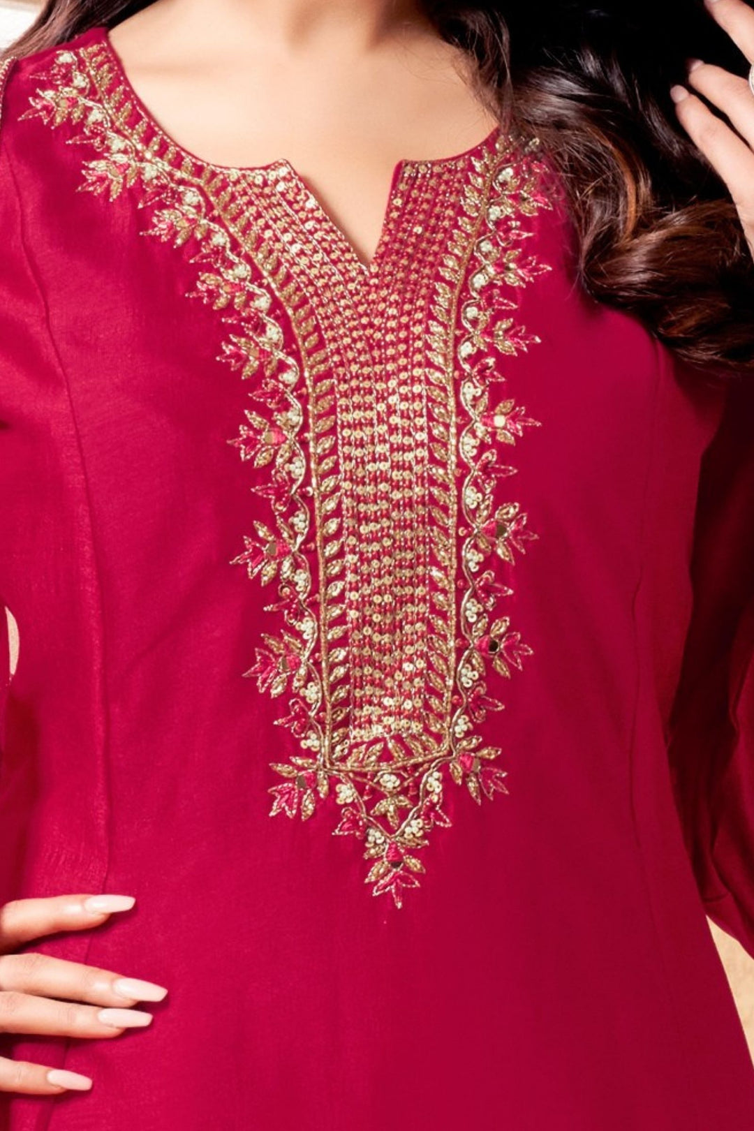 Red Sequins, Beads, Mirror and Zari work A-line Cut Anarkali Styled Salwar Suit