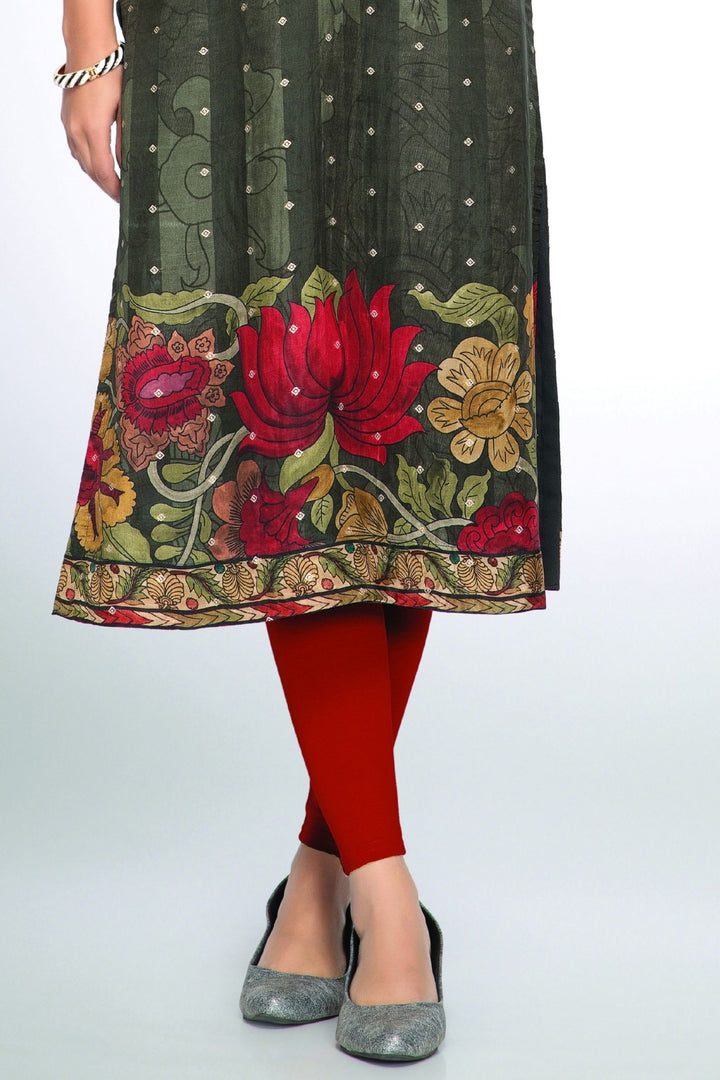 Elephant Grey with Red Floral Print, Beads, Mirror and Banaras Butta work Straight Kurta Set