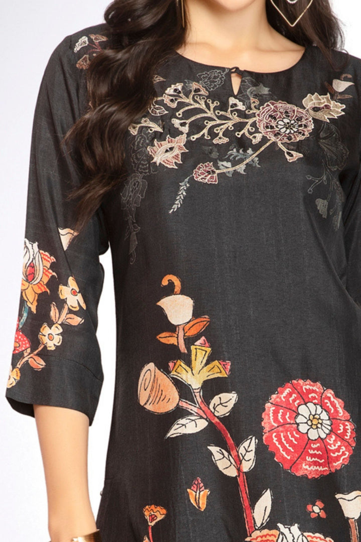 Black Floral Print Calf Length Kurti
