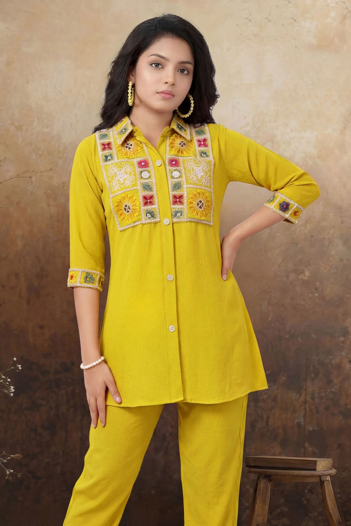 Yellow Multicolor Embroidery and Sequins work Co-ord Set for Girls
