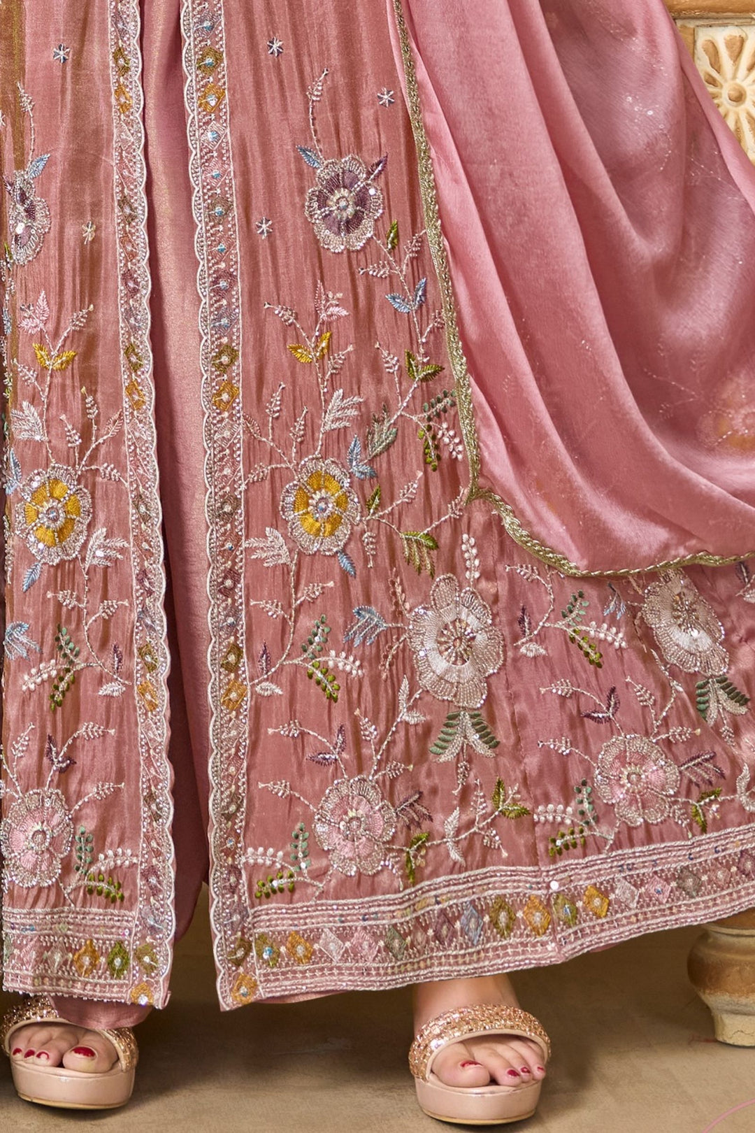 Onion Pink Multicolor Embroidery, Sequins and Beads work Mastani Styled Palazzo Suit