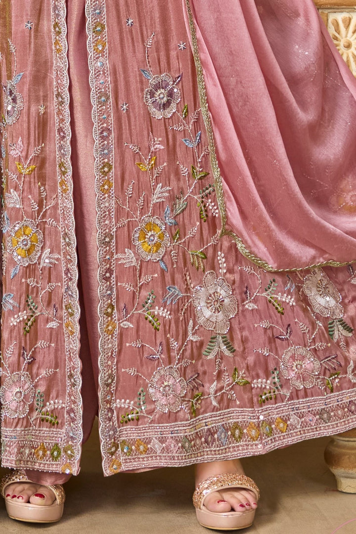 Onion Pink Multicolor Embroidery, Sequins and Beads work Mastani Styled Palazzo Suit