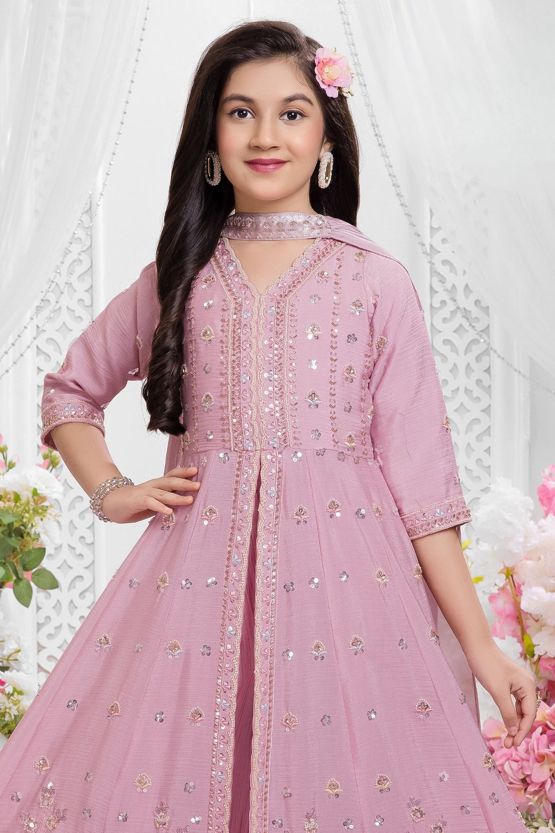 Light Pink Beads, Zari and Sequins work Palazzo Suit Set for Girls