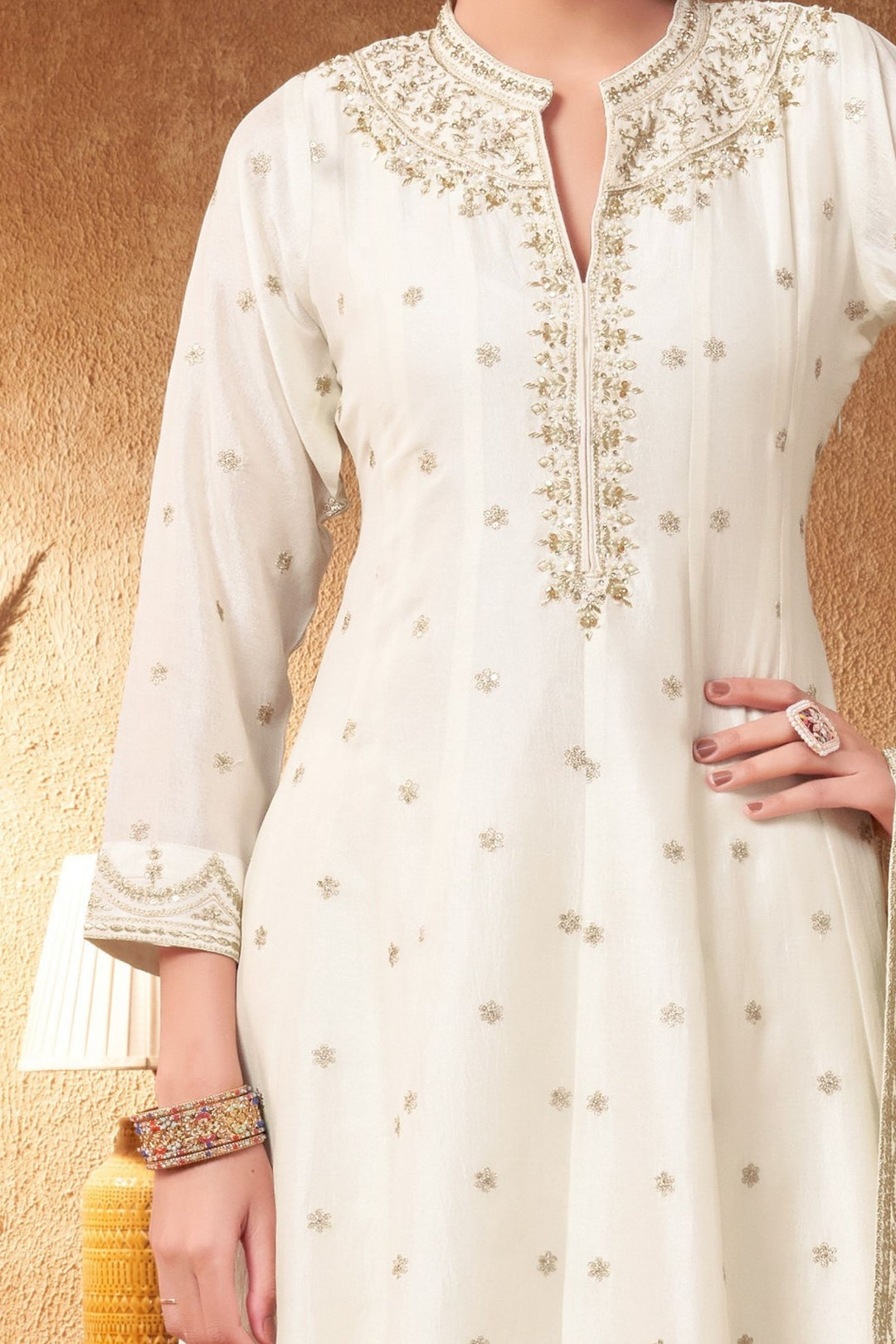 Cream Zari, Zardozi, Sequins and Stone work A-line Cut Salwar Suit