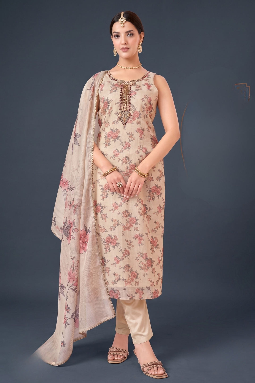 Beige Beads, Mirror and Zardozi work with Floral Print Straight Cut Salwar Suit