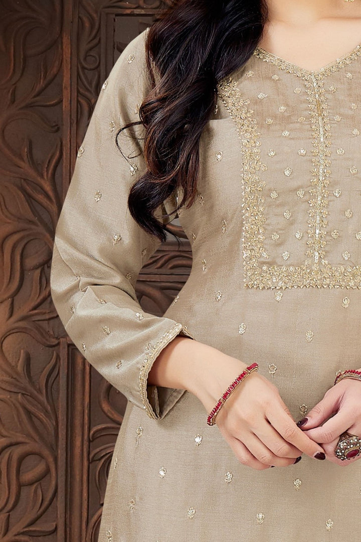 Beige Sequins, Zari and Beads work Straight Cut Salwar Suit