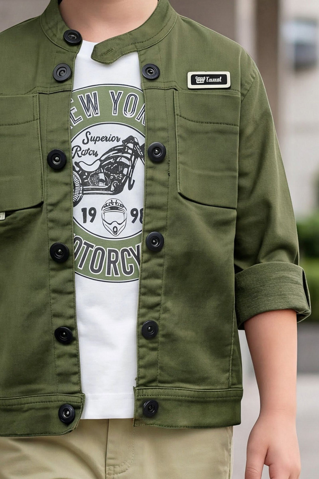 Green Blazer, Printed T-Shirt and Beige Pant Set for Boys
