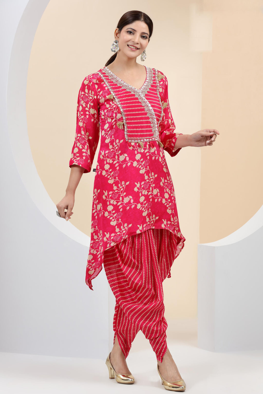 Pink Dhoti Salwar Suit Rani Pink Floral Print, Mirror And Zardozi