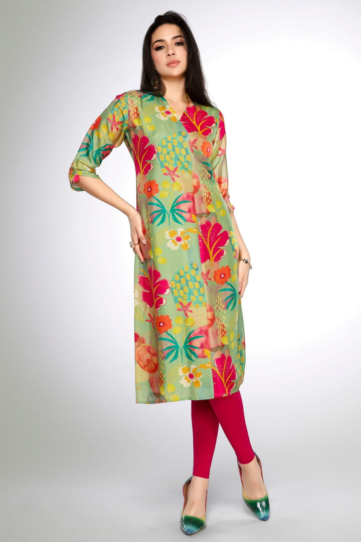 Pista Green Stone work with Multicolor Digital Print Calf Length Kurti