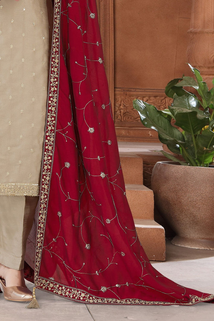 Beige Sequins, Zari and Beads work Straight Cut Salwar Suit