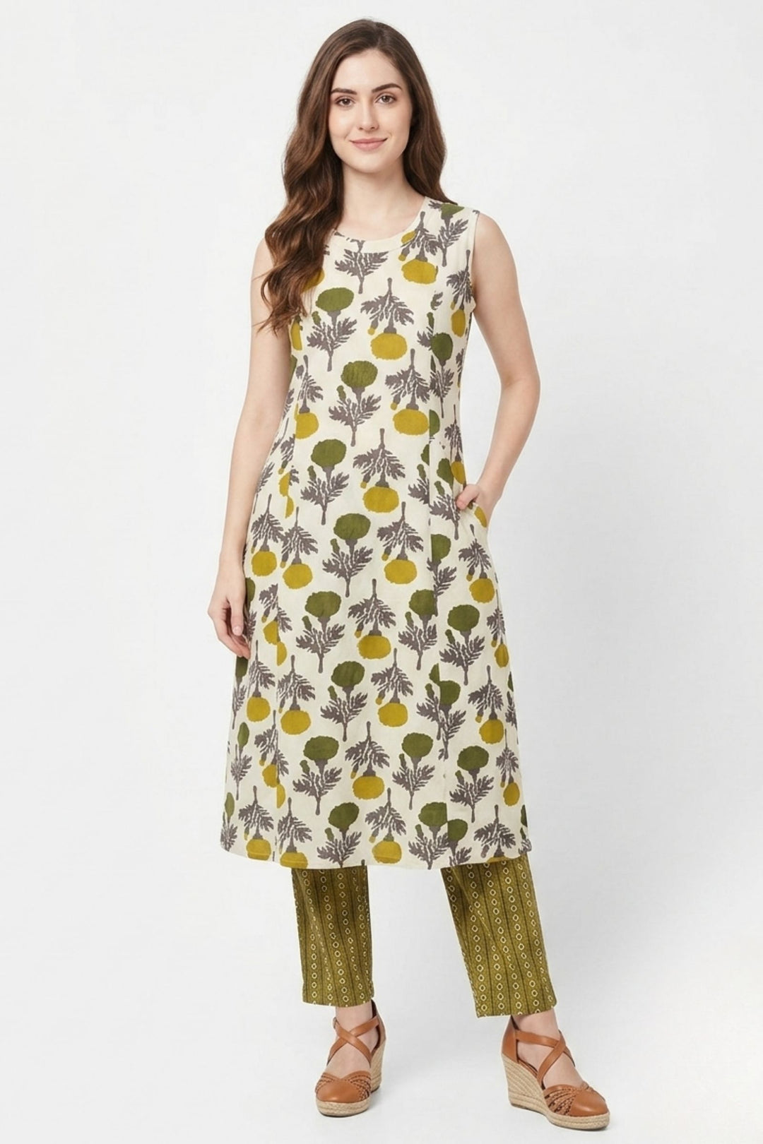 Beige with Mehendi Green Digital Print Straight Kurta Set