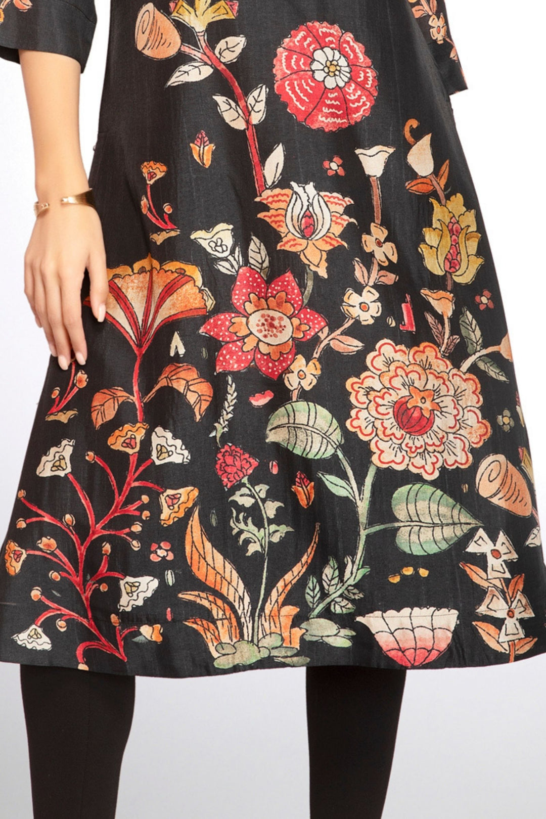 Black Floral Print Calf Length Kurti