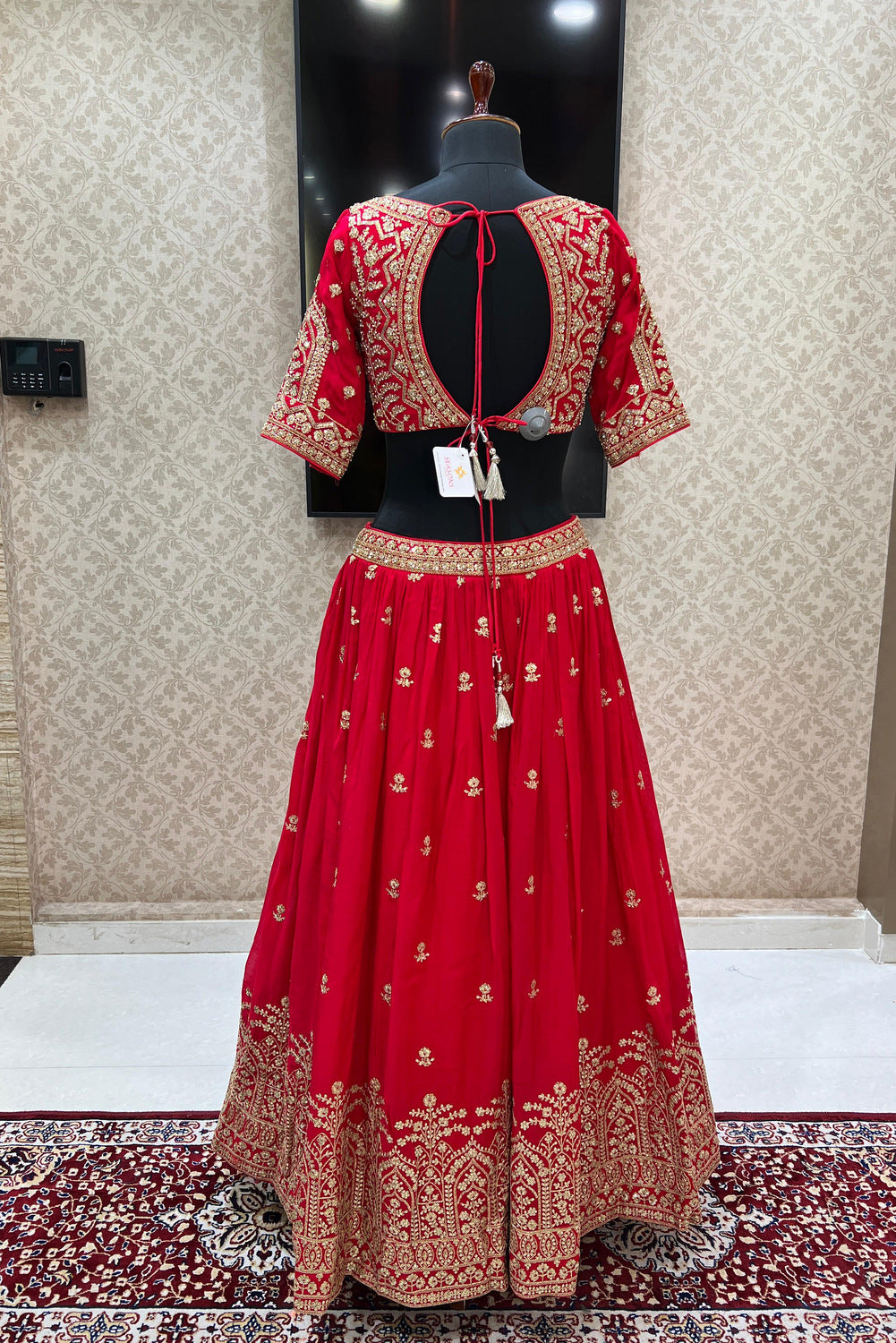 Red Sequins, Zari, Pearl and Beads work Crop Top Lehenga