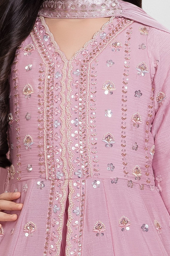 Light Pink Beads, Zari and Sequins work Palazzo Suit Set for Girls