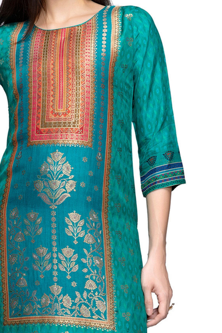 Rama Green Banaras work Calf Length Kurti