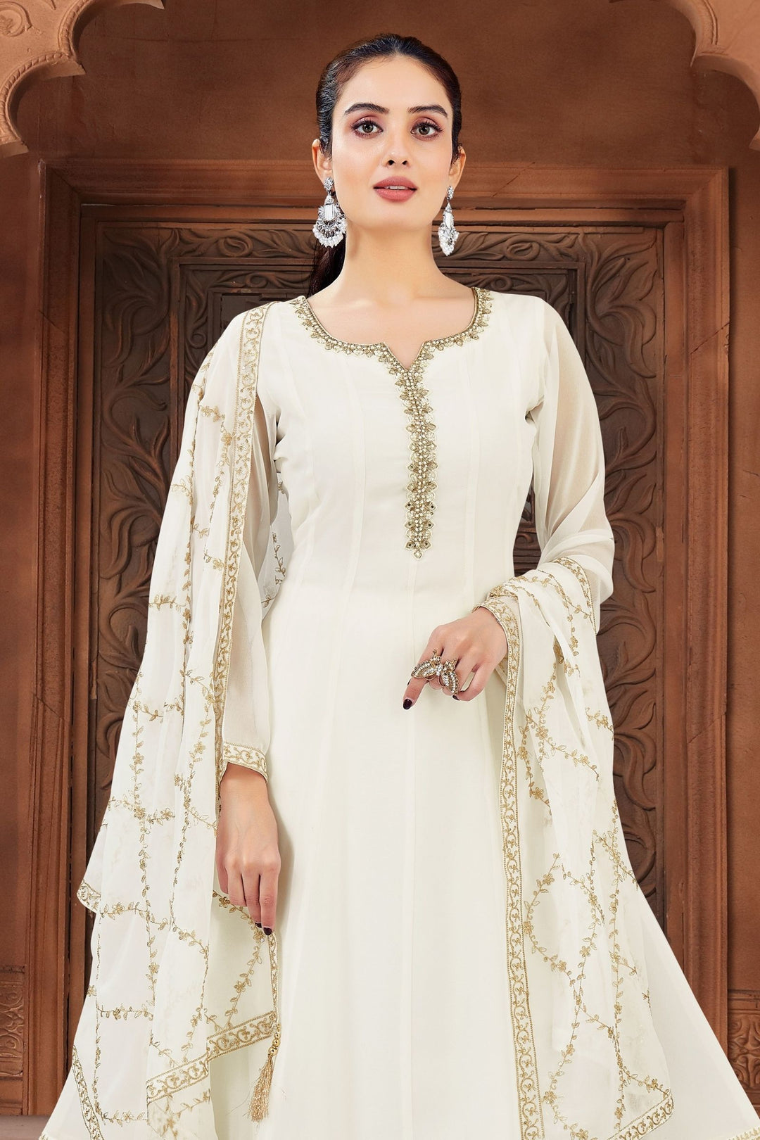 Cream Stone, Sequins, Zardozi and Beads work Aline Cut Salwar Suit