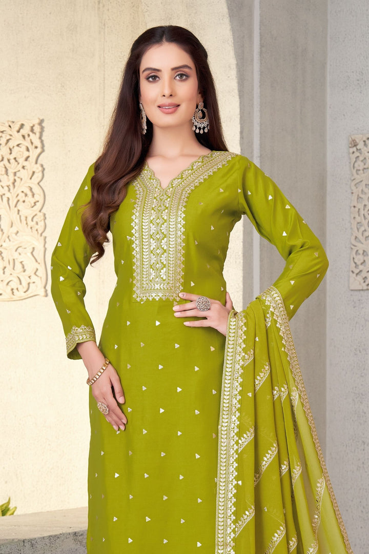 Olive Green Zari and Sequins work Straight Cut Salwar Suit