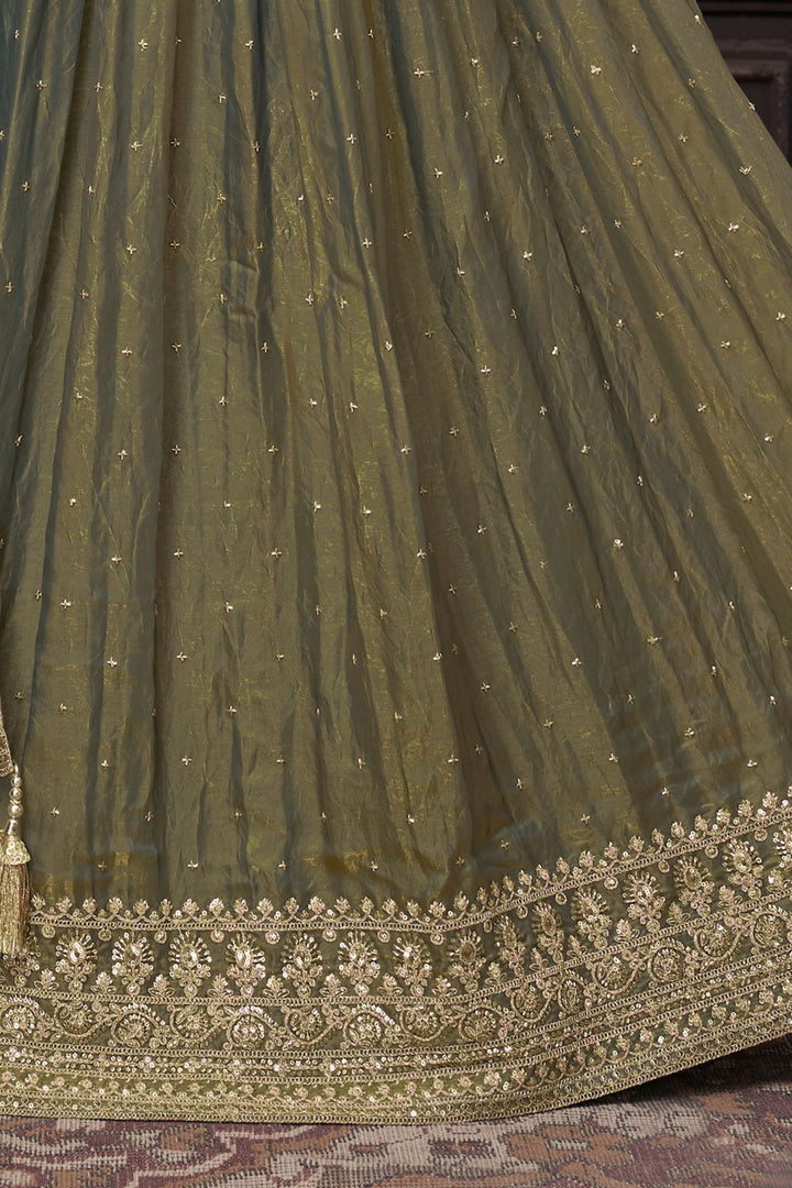 Mehendi Green Sequins, Beads and Zari Thread work Crop Top Lehenga