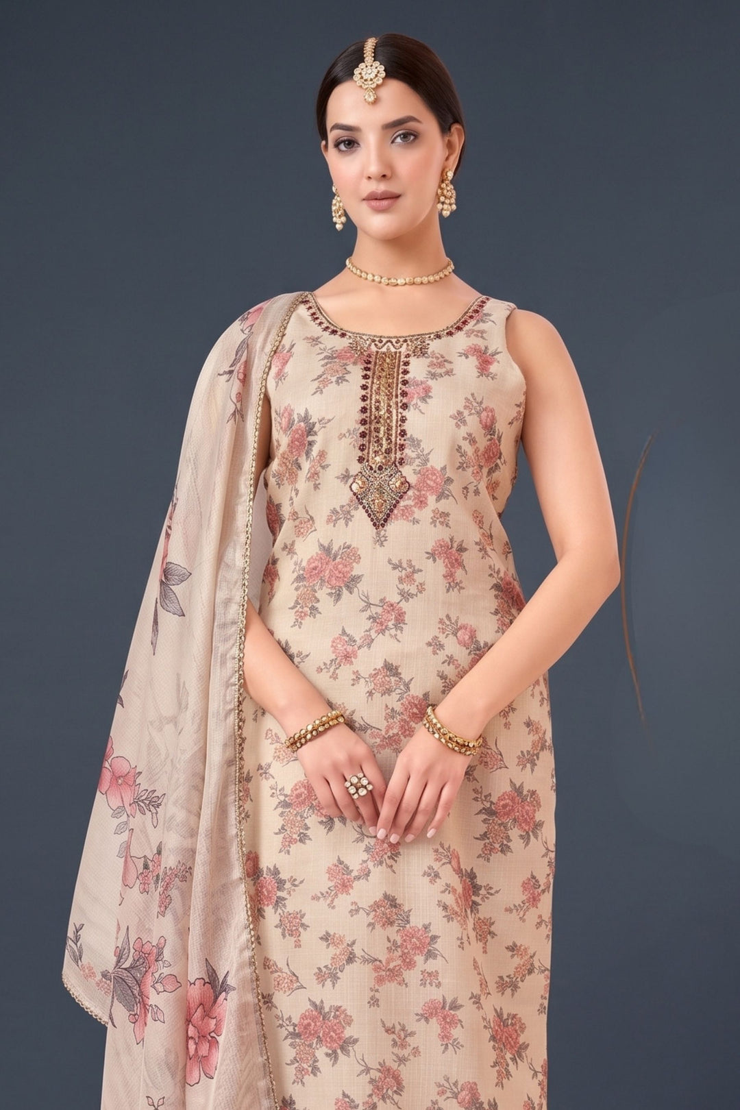 Beige Beads, Mirror and Zardozi work with Floral Print Straight Cut Salwar Suit