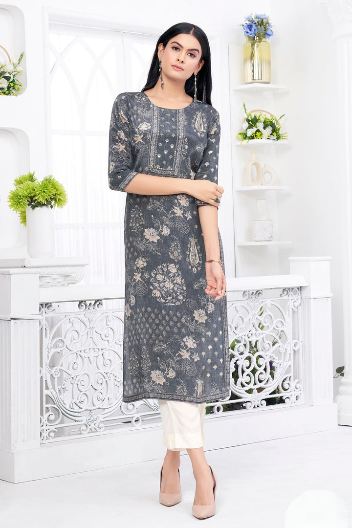 Grey Beads work with Digital Print Calf Length Kurti