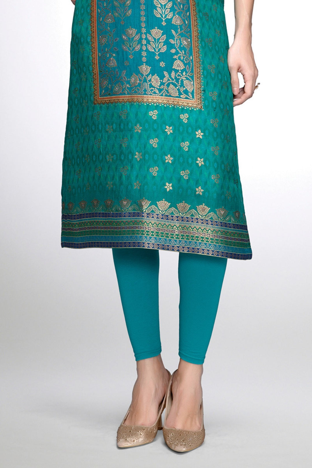 Rama Green Banaras work Calf Length Kurti