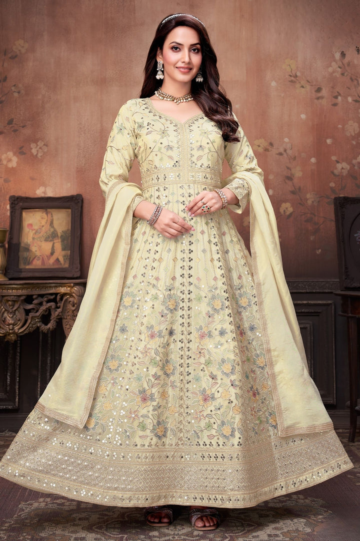 Cream Sequins, Zari and Multicolor Thread work Floor Length Anarkali Suit