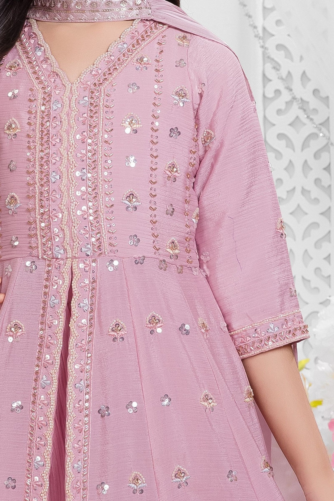 Light Pink Beads, Zari and Sequins work Palazzo Suit Set for Girls