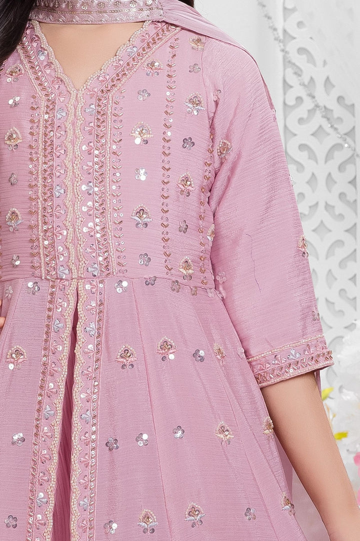 Light Pink Beads, Zari and Sequins work Palazzo Suit Set for Girls