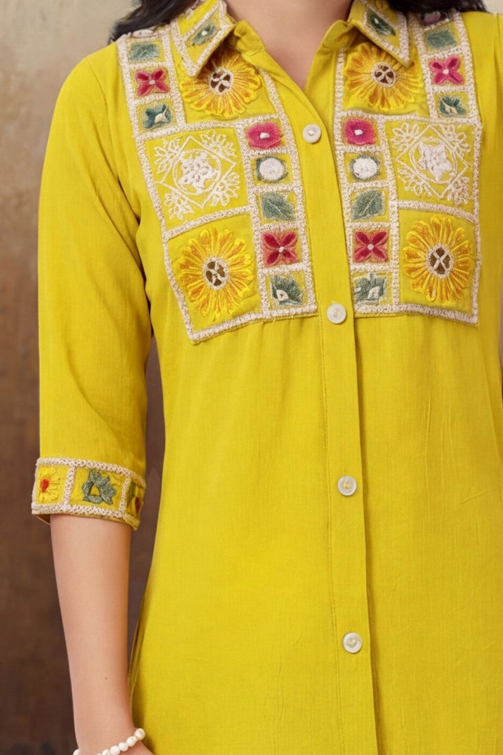 Yellow Multicolor Embroidery and Sequins work Co-ord Set for Girls