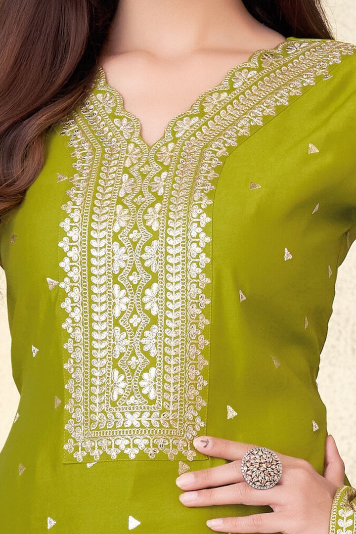 Olive Green Zari and Sequins work Straight Cut Salwar Suit