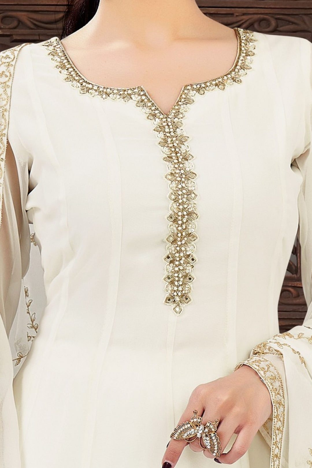 Cream Stone, Sequins, Zardozi and Beads work Aline Cut Salwar Suit